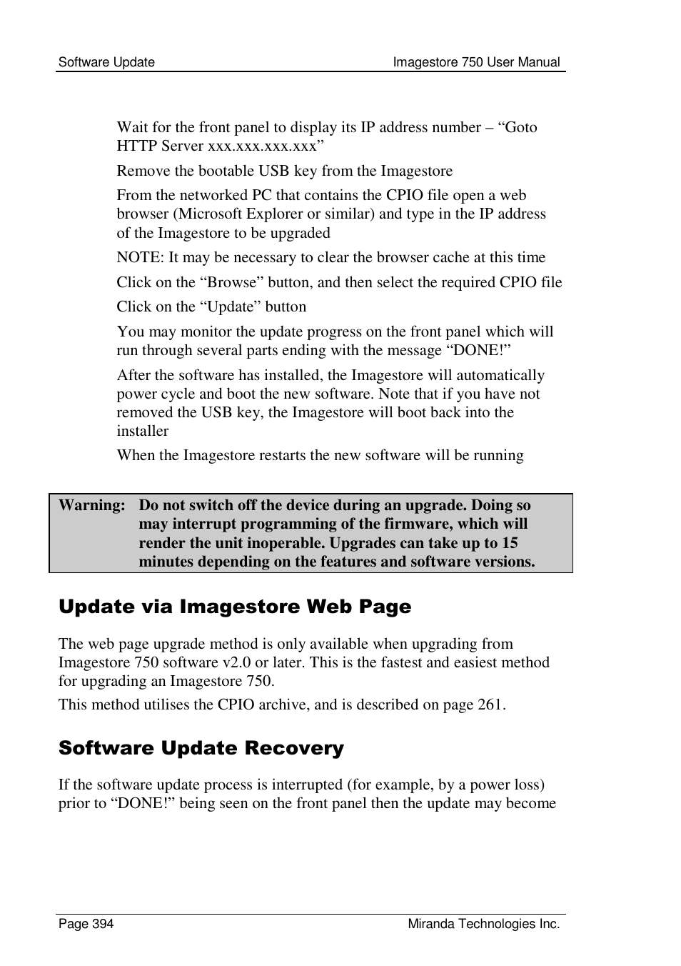 Update via imagestore web page, Software update recovery | Grass Valley Imagestore 750 v.2.0.1 User Manual | Page 394 / 421