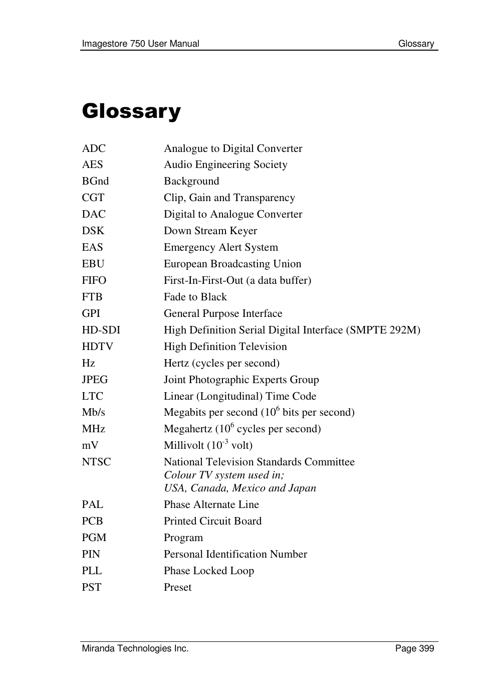 Glossary | Grass Valley Imagestore 750 v.2.0.1 User Manual | Page 399 / 421