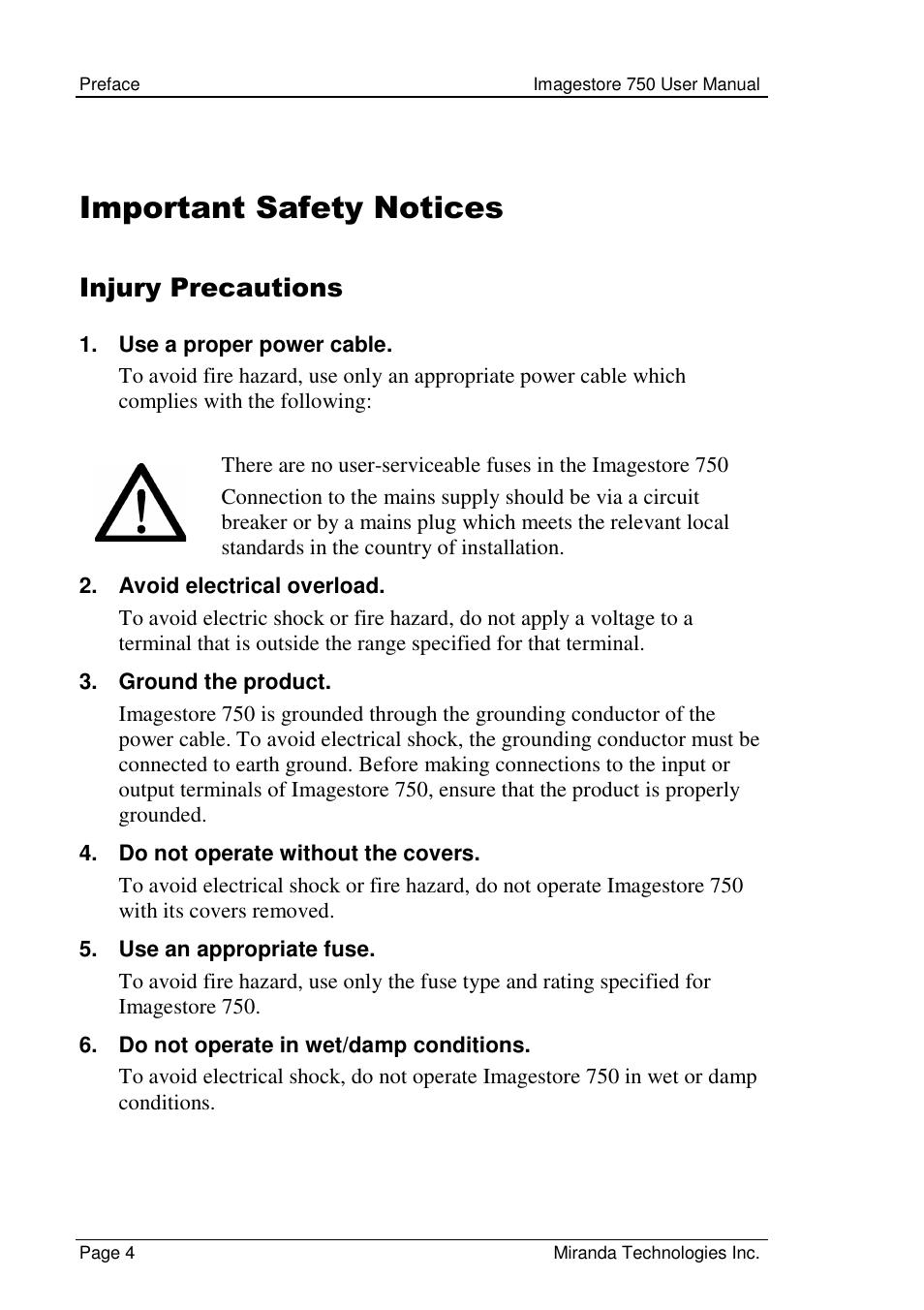 Important safety notices, Injury precautions | Grass Valley Imagestore 750 v.2.0.1 User Manual | Page 4 / 421