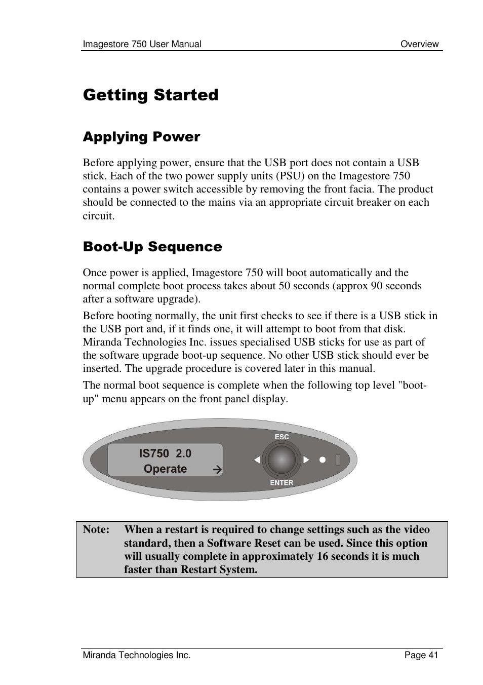 Getting started, Applying power, Boot-up sequence | Grass Valley Imagestore 750 v.2.0.1 User Manual | Page 41 / 421