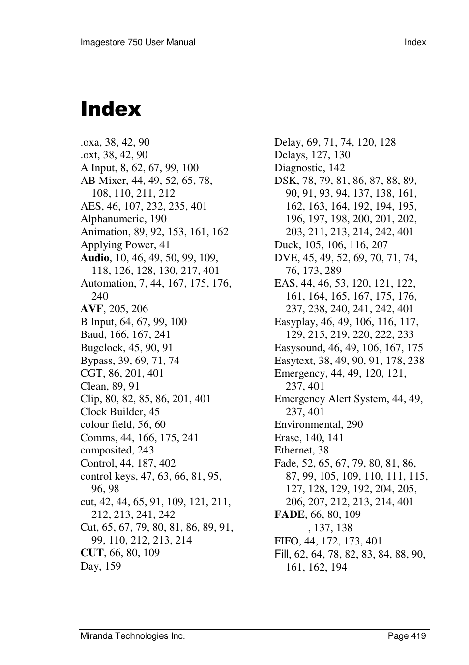 Index | Grass Valley Imagestore 750 v.2.0.1 User Manual | Page 419 / 421