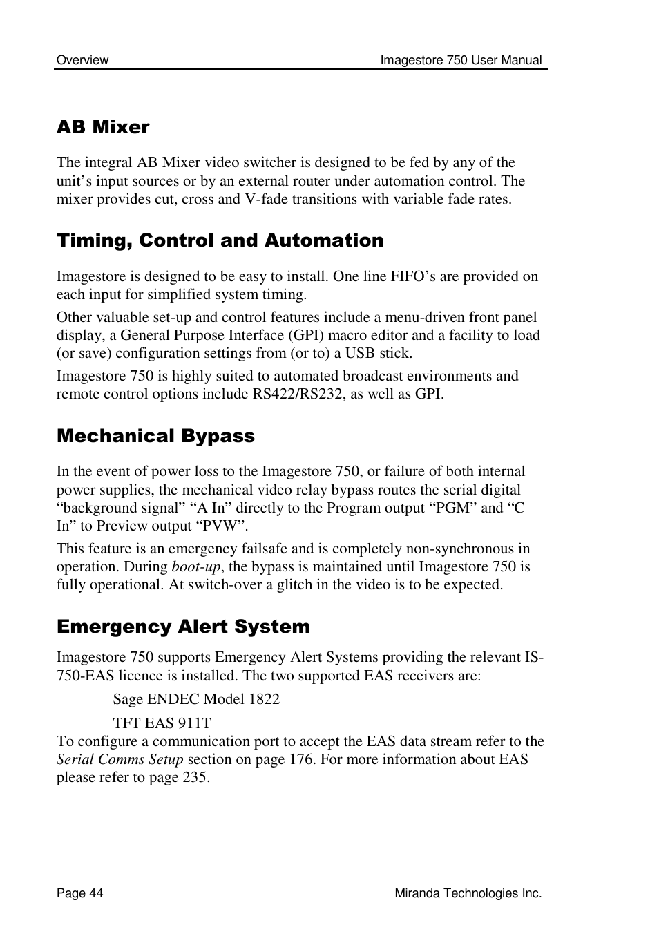 Ab mixer, Timing, control and automation, Mechanical bypass | Emergency alert system | Grass Valley Imagestore 750 v.2.0.1 User Manual | Page 44 / 421
