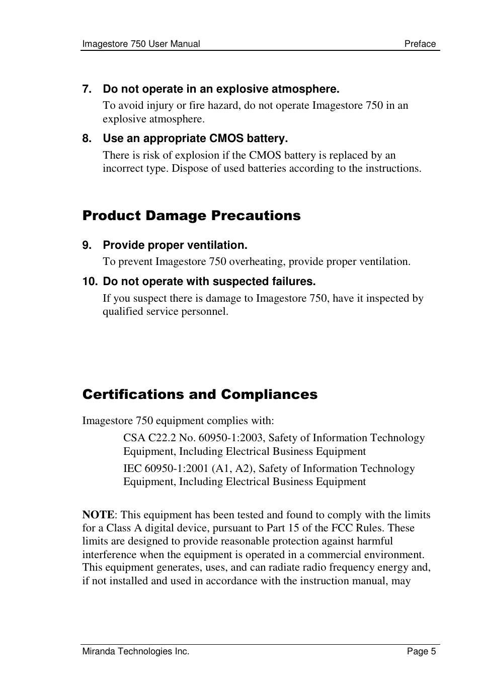 Product damage precautions, Certifications and compliances | Grass Valley Imagestore 750 v.2.0.1 User Manual | Page 5 / 421