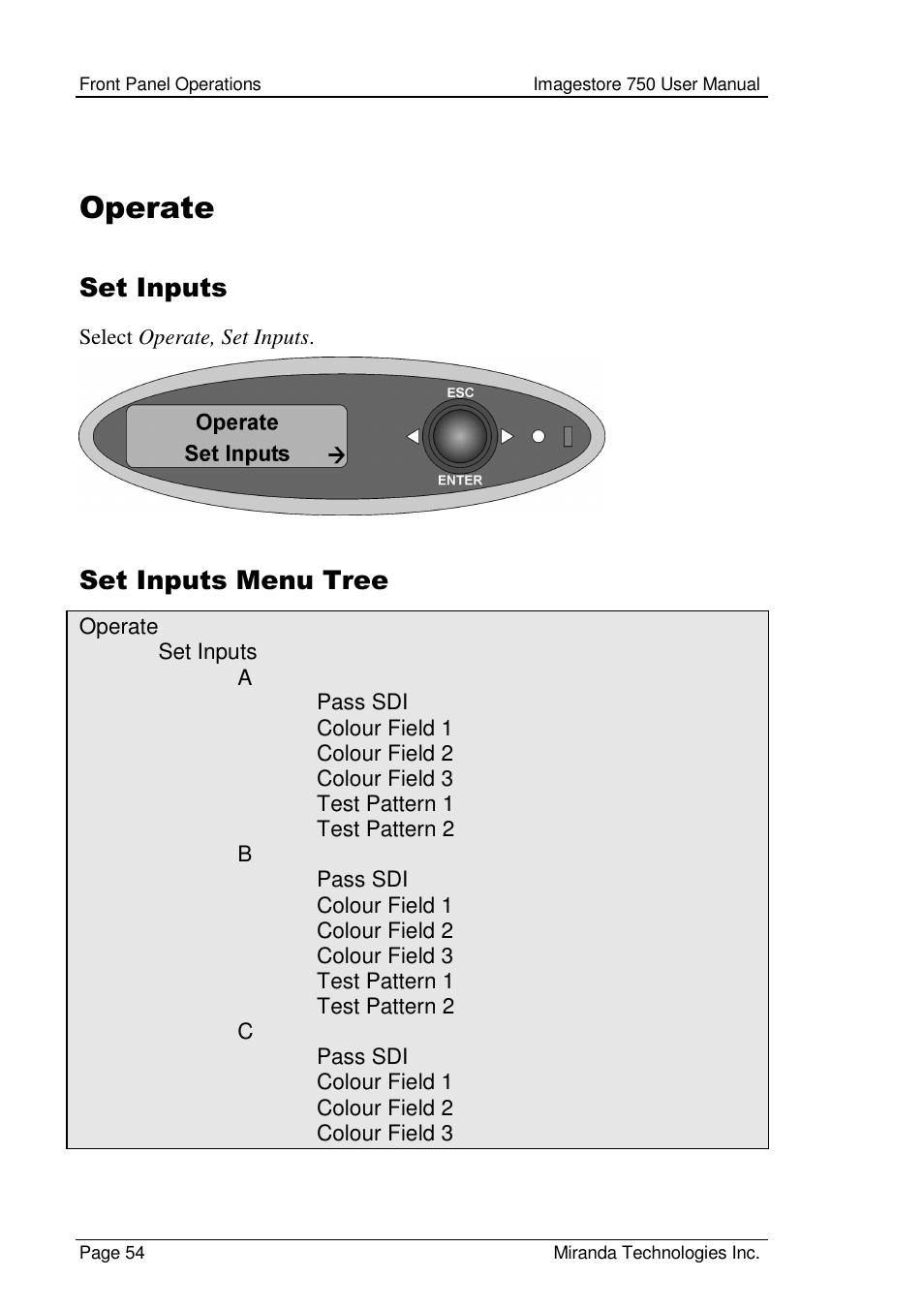 Operate, Set inputs, Set inputs menu tree | Grass Valley Imagestore 750 v.2.0.1 User Manual | Page 54 / 421