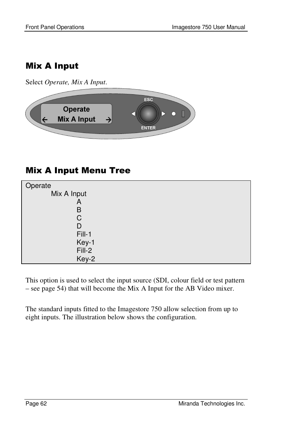 Mix a input, Mix a input menu tree | Grass Valley Imagestore 750 v.2.0.1 User Manual | Page 62 / 421