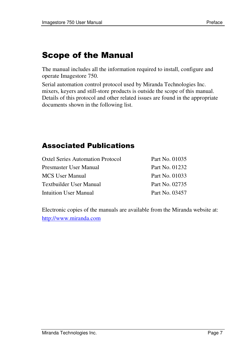 Scope of the manual, Associated publications | Grass Valley Imagestore 750 v.2.0.1 User Manual | Page 7 / 421