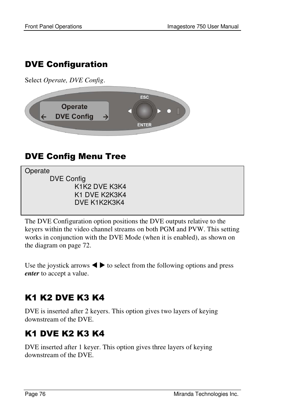 Dve configuration, Dve config menu tree, K1 k2 dve k3 k4 | K1 dve k2 k3 k4 | Grass Valley Imagestore 750 v.2.0.1 User Manual | Page 76 / 421
