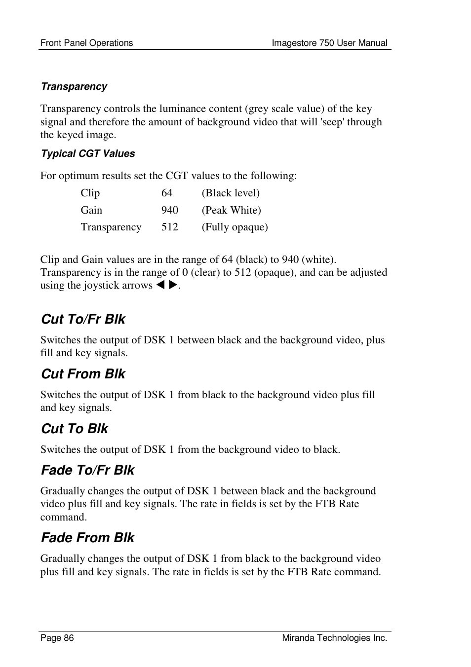 Cut to/fr blk, Cut from blk, Cut to blk | Fade to/fr blk, Fade from blk | Grass Valley Imagestore 750 v.2.0.1 User Manual | Page 86 / 421