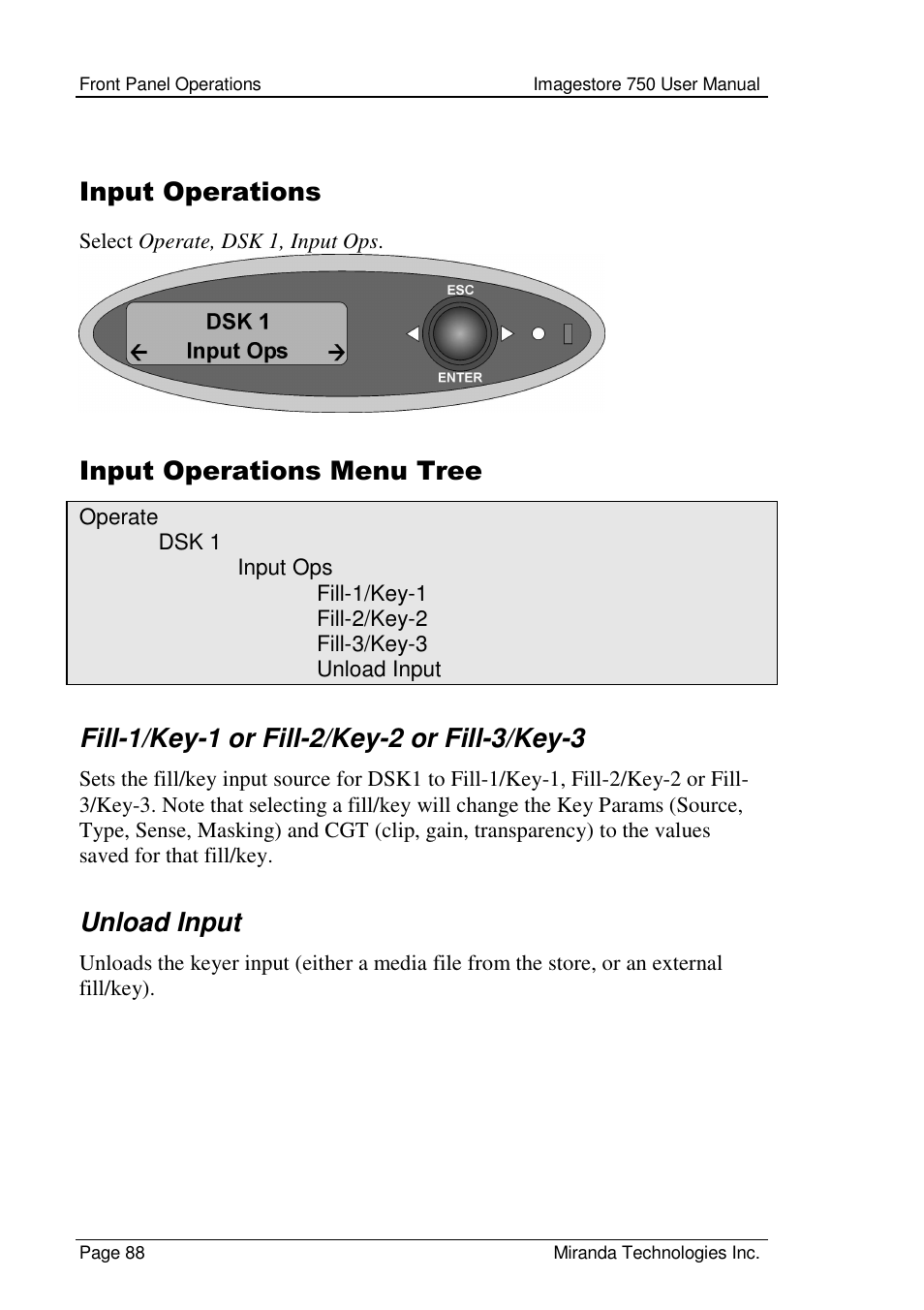 Input operations, Input operations menu tree, Unload input | Grass Valley Imagestore 750 v.2.0.1 User Manual | Page 88 / 421