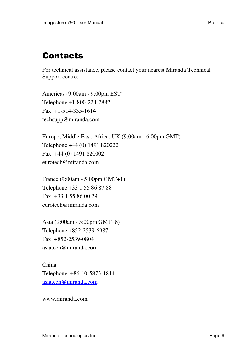Contacts | Grass Valley Imagestore 750 v.2.0.1 User Manual | Page 9 / 421