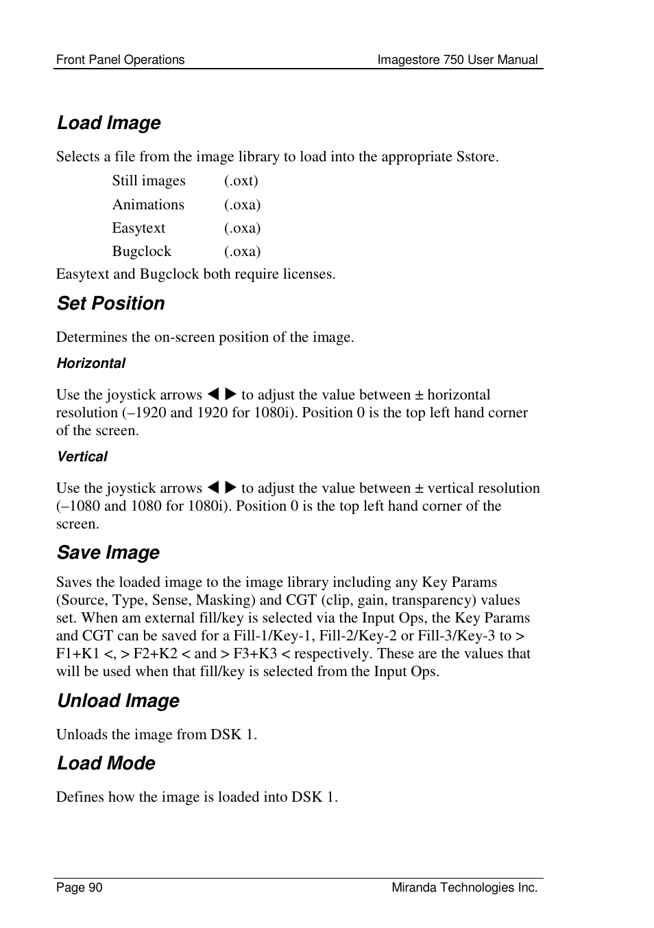 Load image, Set position, Save image | Unload image, Load mode | Grass Valley Imagestore 750 v.2.0.1 User Manual | Page 90 / 421