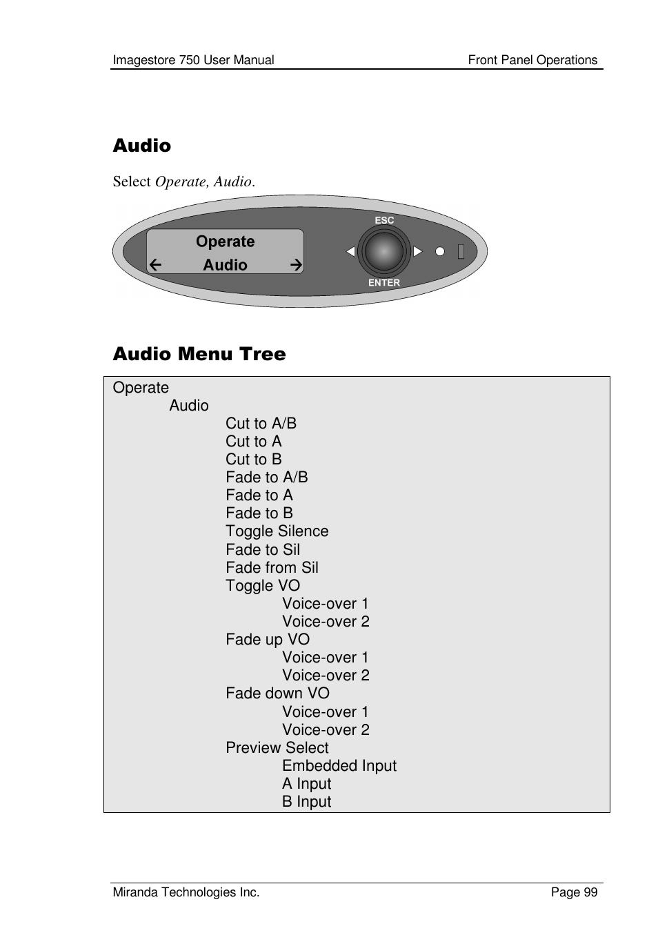 Audio, Audio menu tree | Grass Valley Imagestore 750 v.2.0.1 User Manual | Page 99 / 421