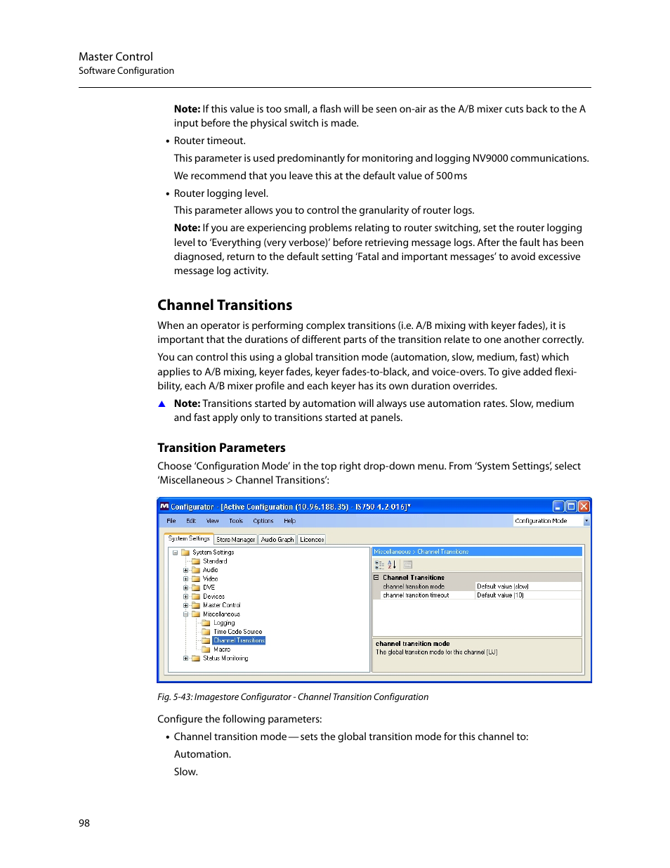 Channel transitions, Transition parameters | Grass Valley Imagestore 750 v.3.0.1 User Manual | Page 114 / 273