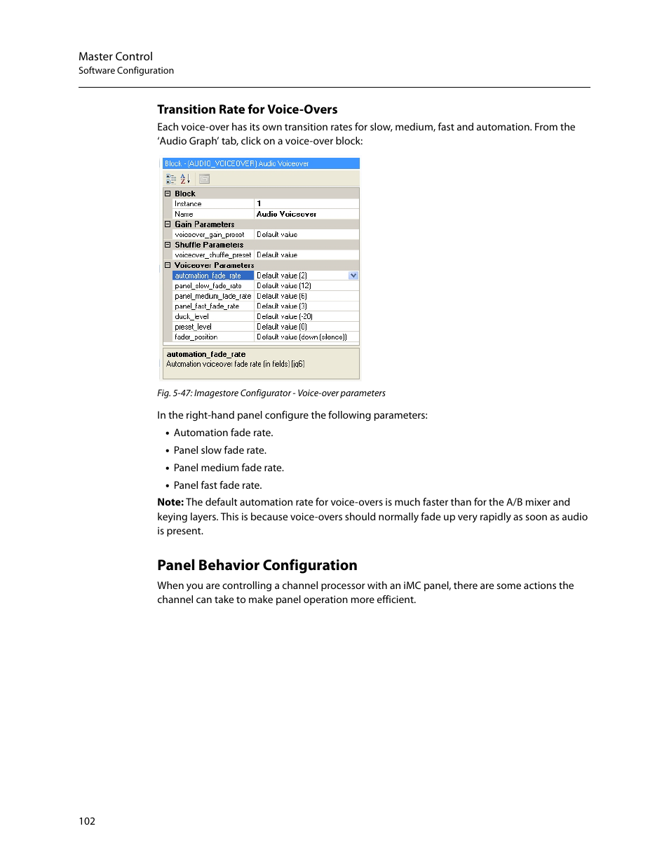 Panel behavior configuration, Transition rate for voice-overs | Grass Valley Imagestore 750 v.3.0.1 User Manual | Page 118 / 273