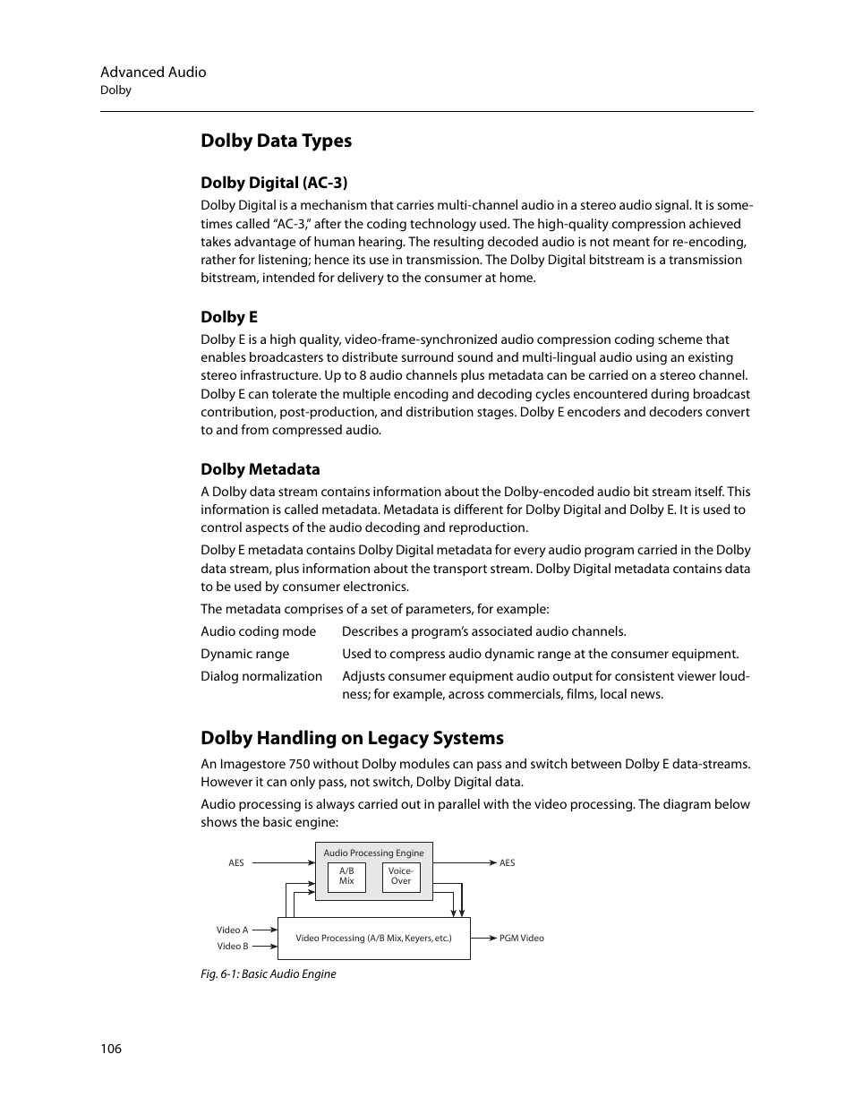 Dolby data types, Dolby handling on legacy systems, Dolby digital (ac-3) dolby e dolby metadata | Dolby digital (ac-3), Dolby e, Dolby metadata | Grass Valley Imagestore 750 v.3.0.1 User Manual | Page 122 / 273