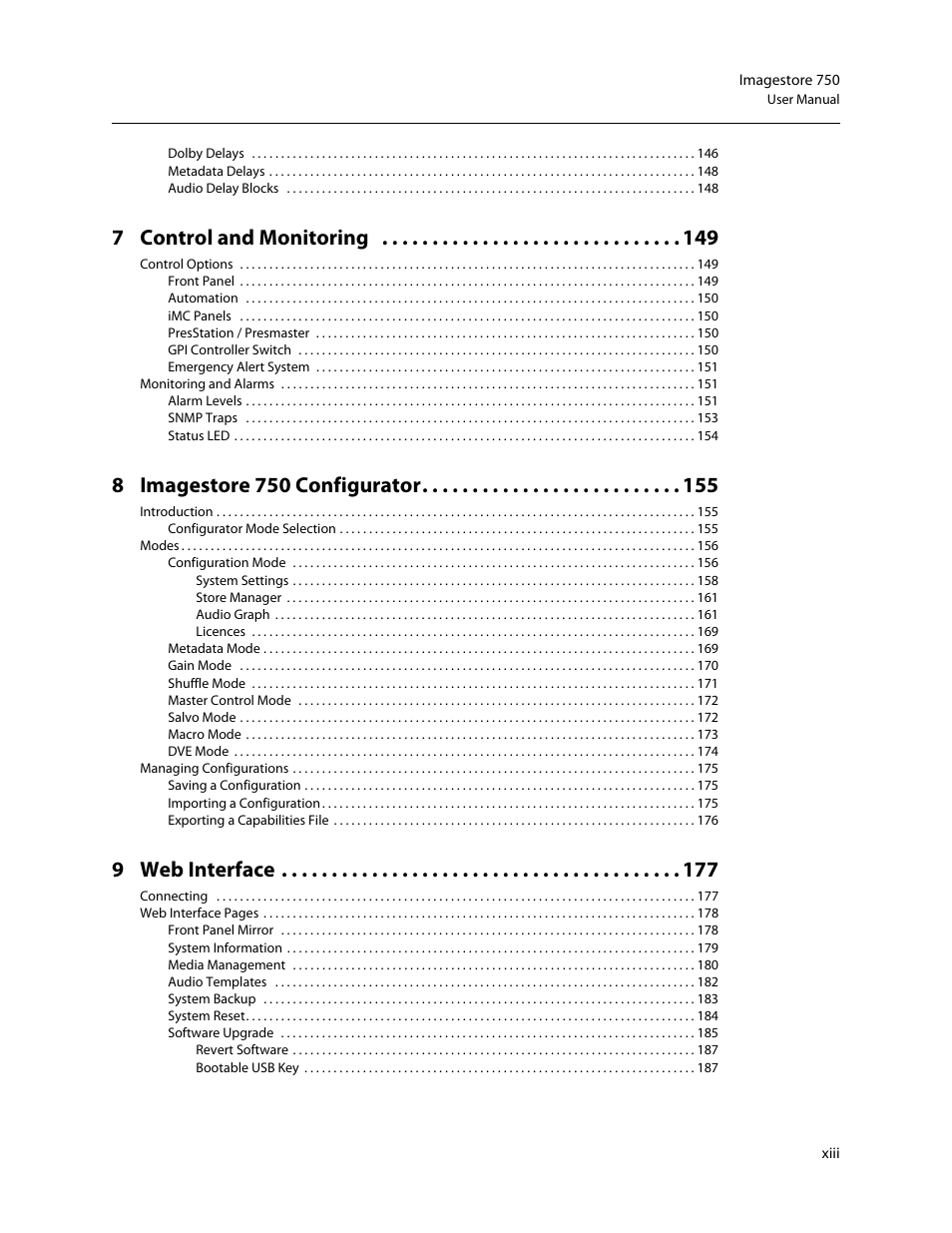 7 control and monitoring, 8 imagestore 750 configurator, 9 web interface | Grass Valley Imagestore 750 v.3.0.1 User Manual | Page 13 / 273