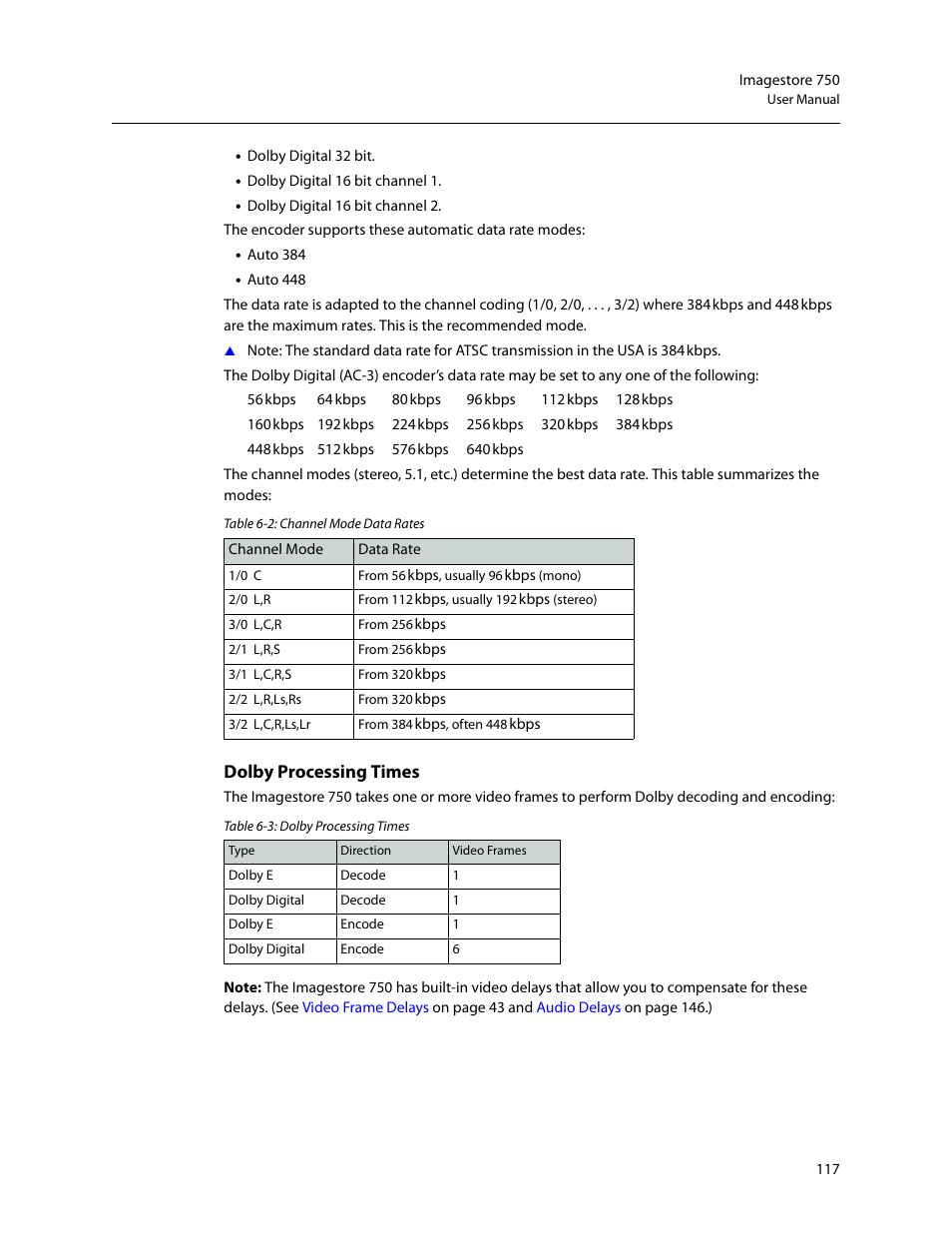Dolby processing times | Grass Valley Imagestore 750 v.3.0.1 User Manual | Page 133 / 273