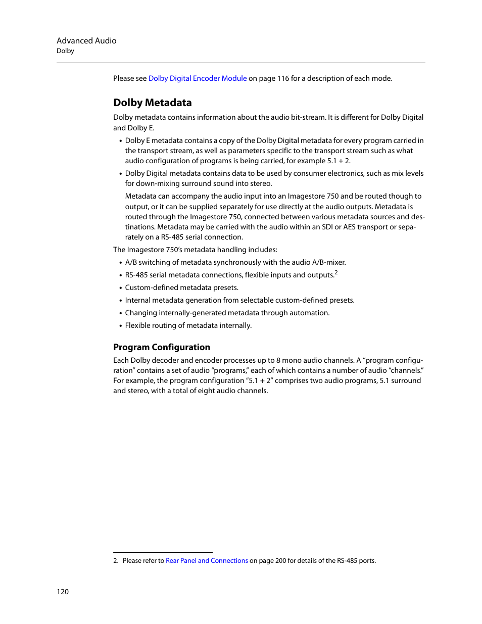 Dolby metadata, Program configuration, Dolby meta | Data | Grass Valley Imagestore 750 v.3.0.1 User Manual | Page 136 / 273