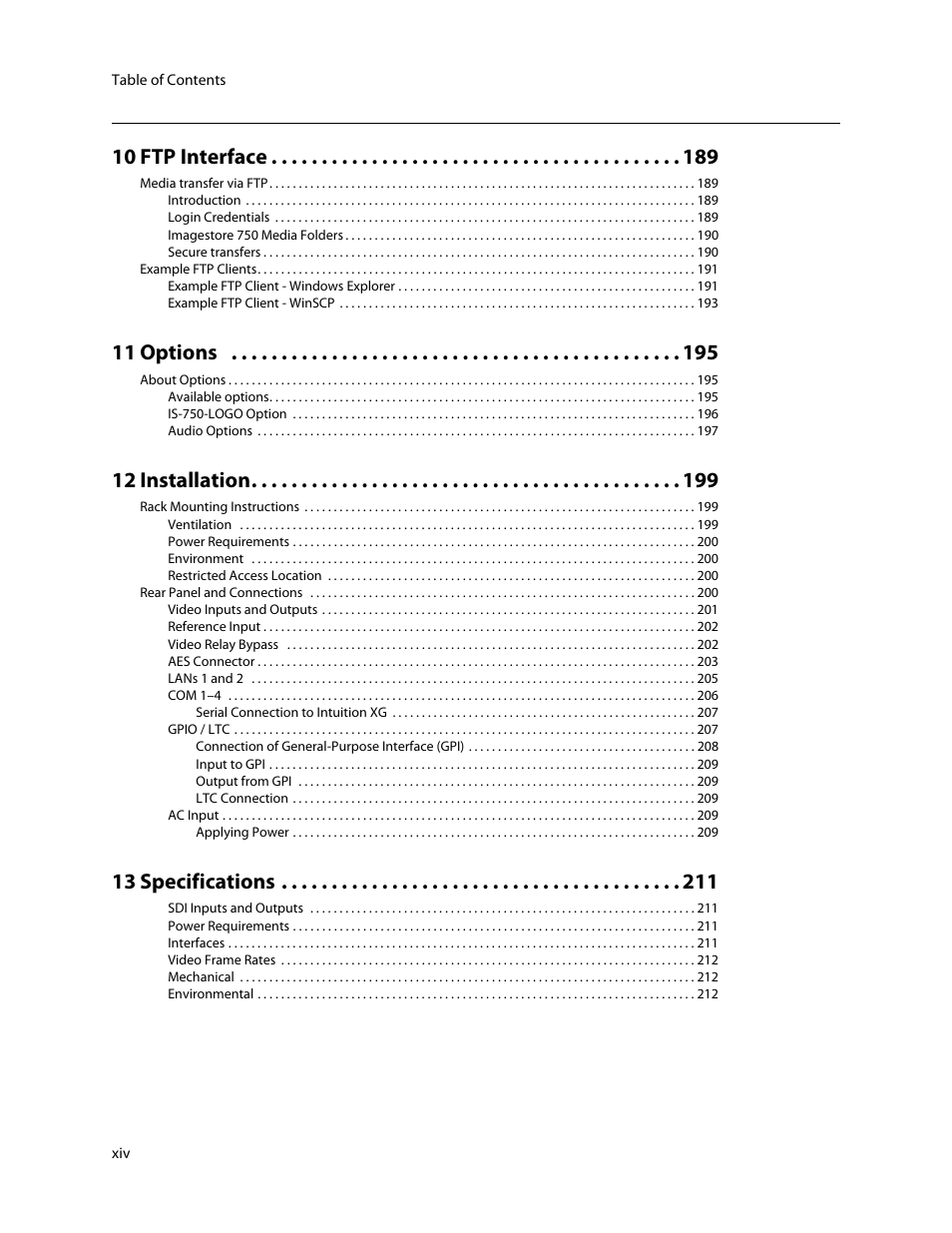 10 ftp interface, 11 options, 12 installation | 13 specifications | Grass Valley Imagestore 750 v.3.0.1 User Manual | Page 14 / 273