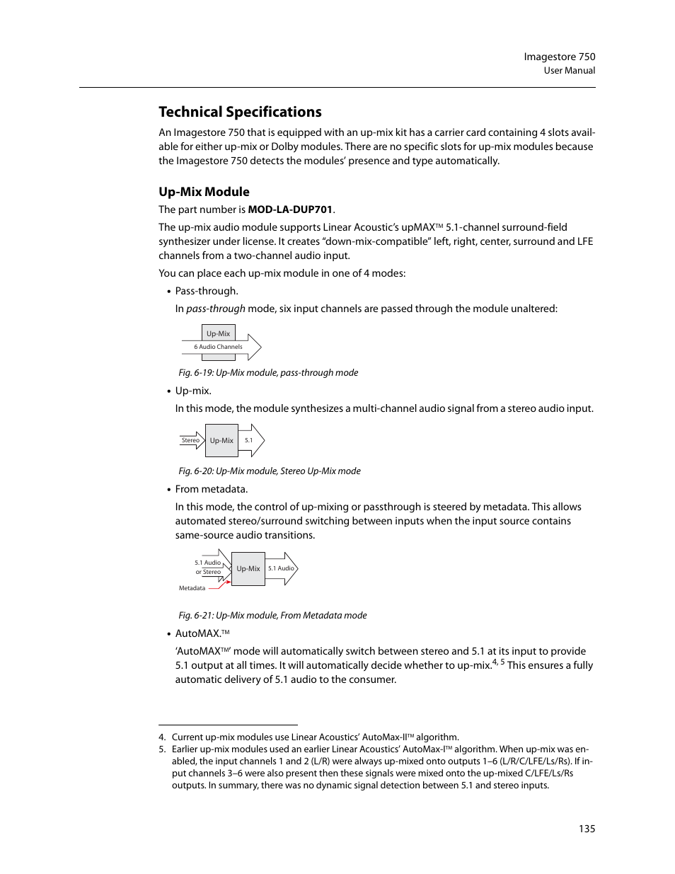 Technical specifications, Up-mix module | Grass Valley Imagestore 750 v.3.0.1 User Manual | Page 151 / 273