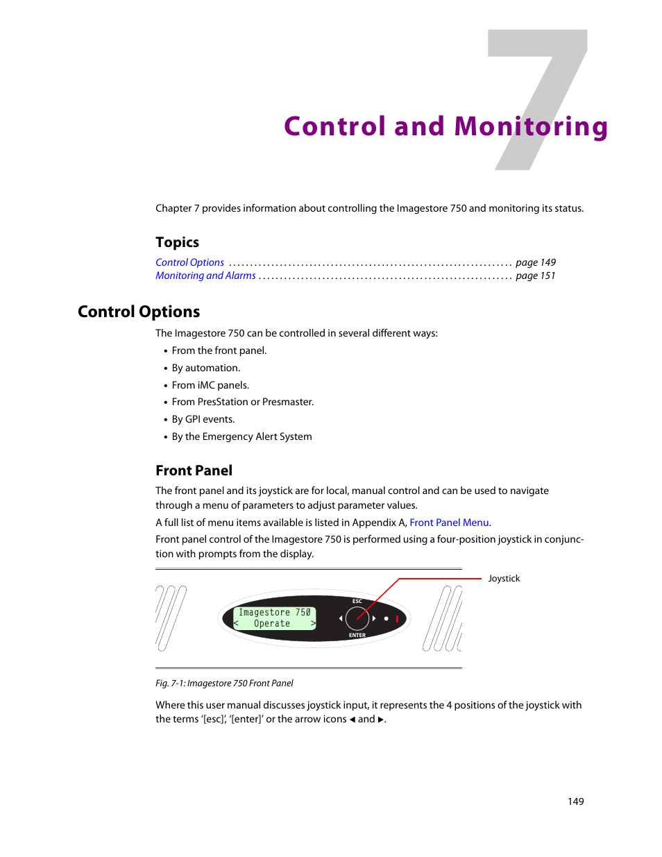 Control and monitoring, Control options, Front panel | 7 control and monitoring, Chapter 7, Topics | Grass Valley Imagestore 750 v.3.0.1 User Manual | Page 165 / 273