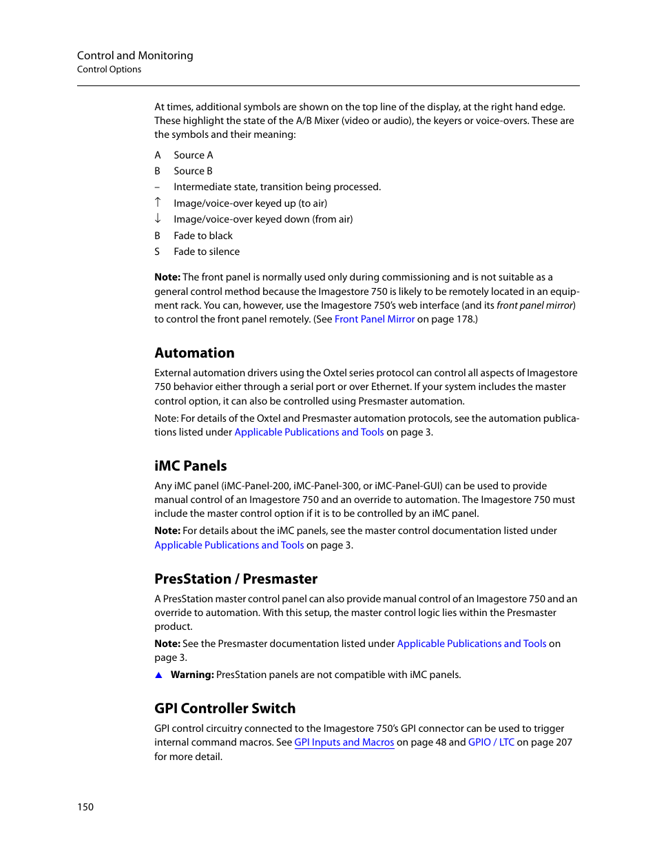 Automation, Imc panels, Presstation / presmaster | Gpi controller switch | Grass Valley Imagestore 750 v.3.0.1 User Manual | Page 166 / 273