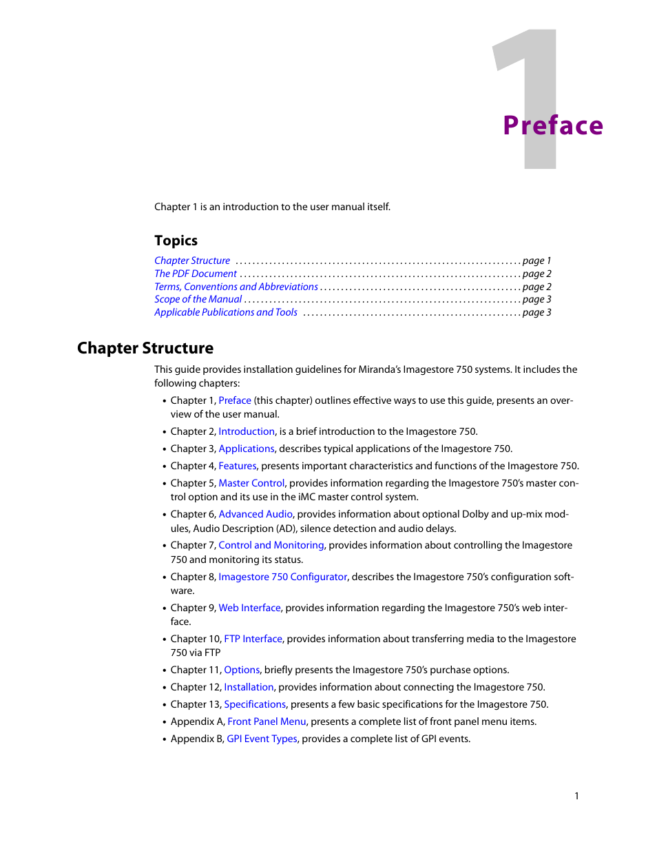 Preface, Chapter structure, 1 preface | Topics | Grass Valley Imagestore 750 v.3.0.1 User Manual | Page 17 / 273