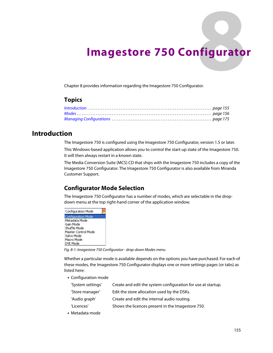 Imagestore 750 configurator, Introduction, Configurator mode selection | 8 imagestore 750 configurator, Chapter 8, Please see chapter 8, Ee chapter 8), Topics | Grass Valley Imagestore 750 v.3.0.1 User Manual | Page 171 / 273