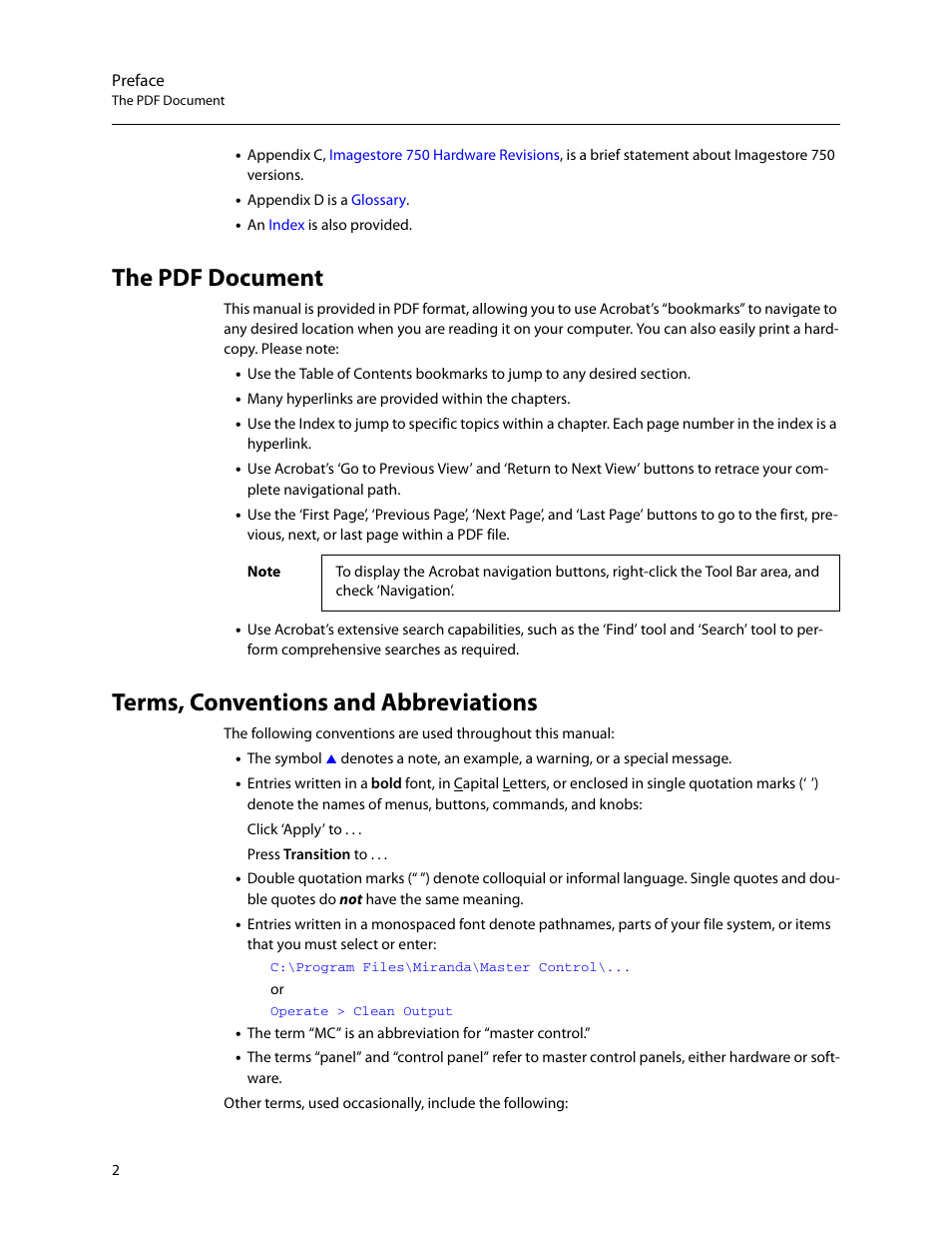 The pdf document, Terms, conventions and abbreviations | Grass Valley Imagestore 750 v.3.0.1 User Manual | Page 18 / 273