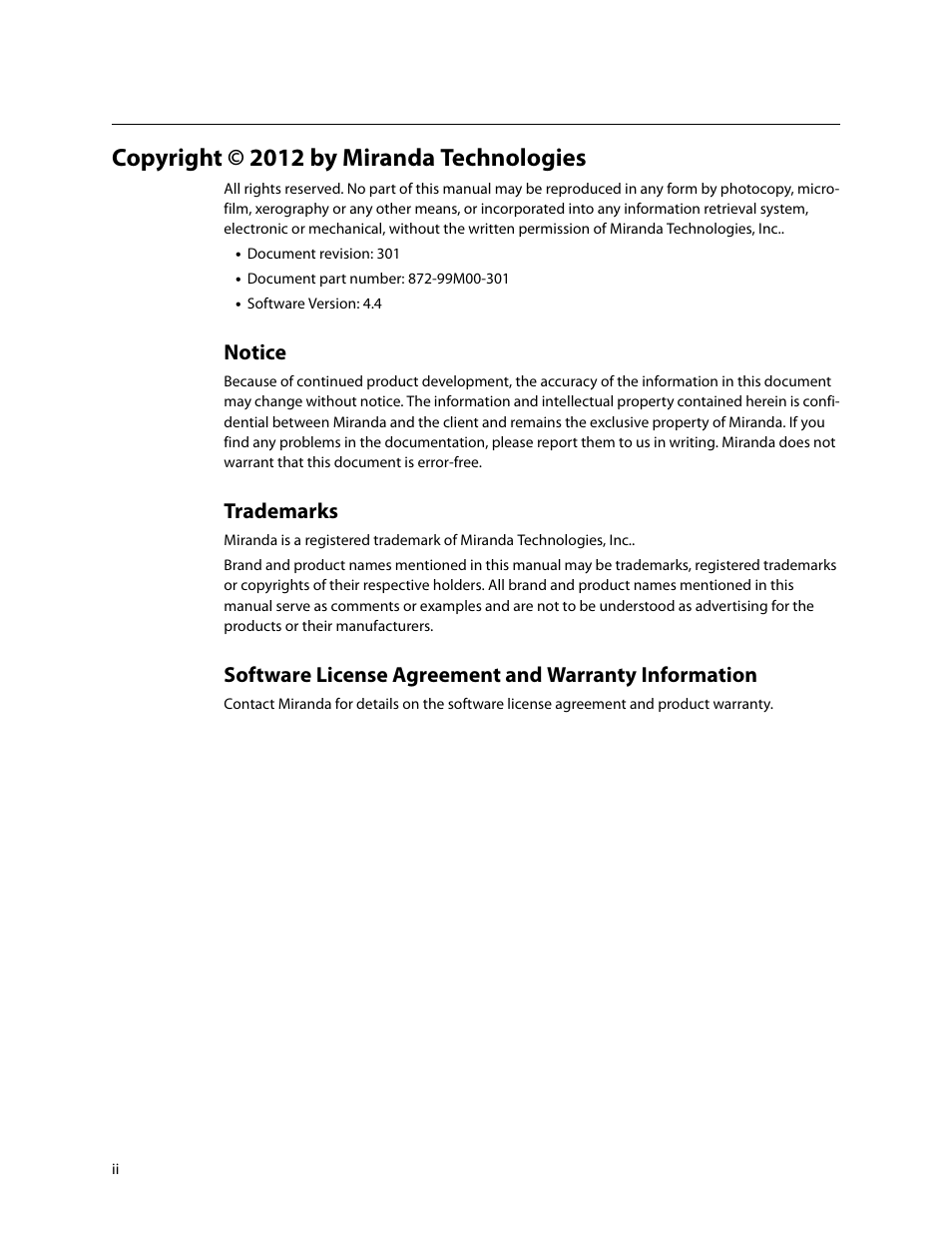 Copyright © 2012 by miranda technologies, Notice, Trademarks | Grass Valley Imagestore 750 v.3.0.1 User Manual | Page 2 / 273
