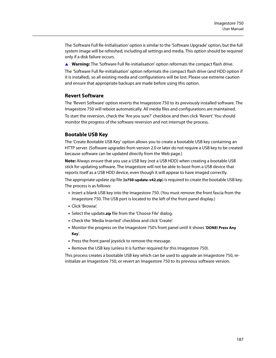 Revert software bootable usb key | Grass Valley Imagestore 750 v.3.0.1 User Manual | Page 203 / 273