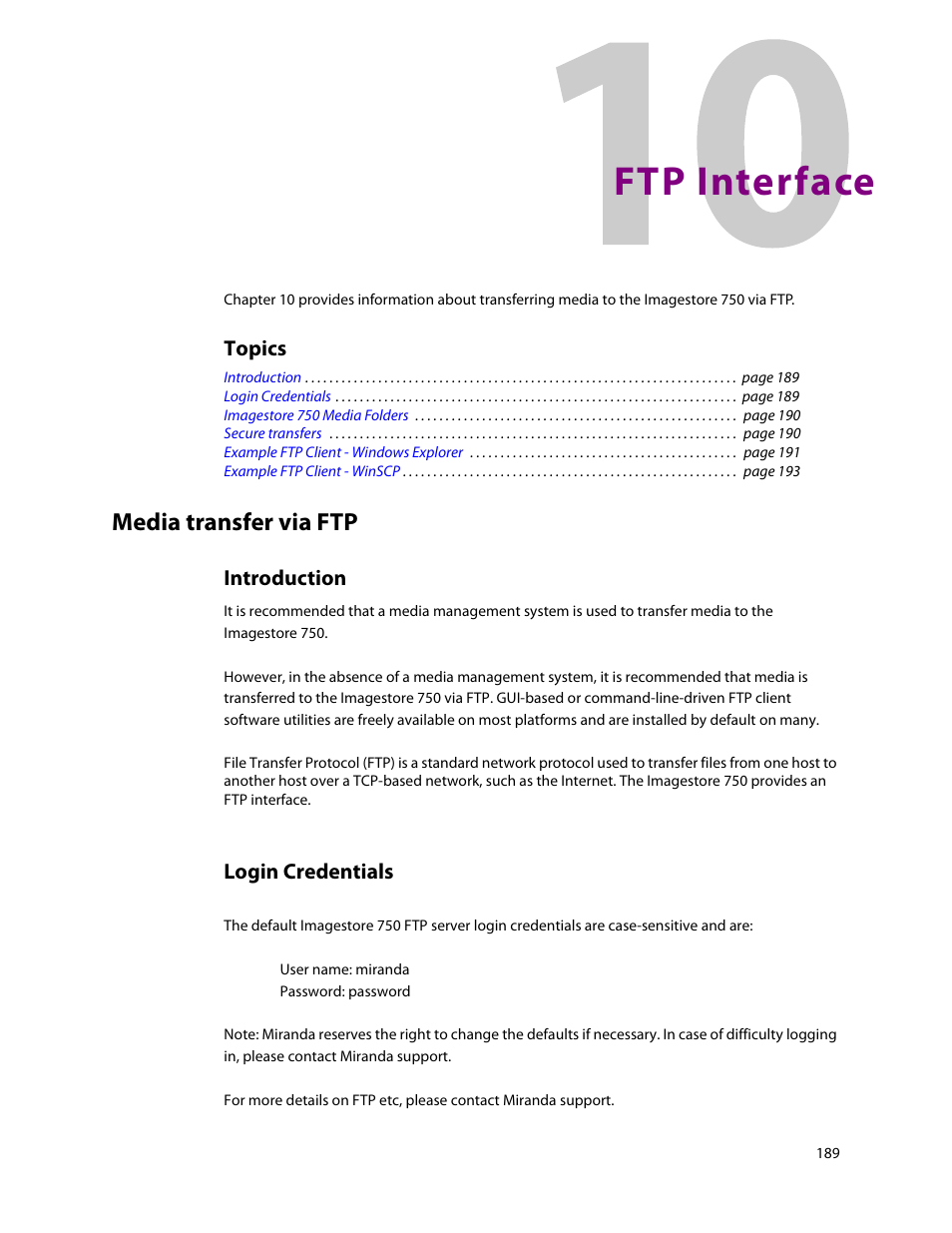 Ftp interface, Media transfer via ftp, Introduction | Login credentials, 10 ftp interface, Introduction login credentials, Topics | Grass Valley Imagestore 750 v.3.0.1 User Manual | Page 205 / 273