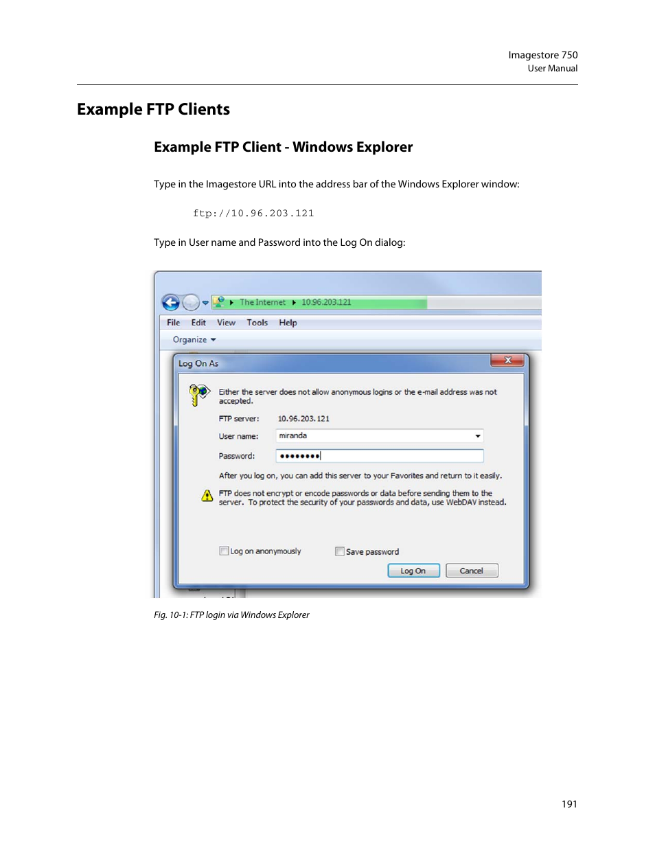 Example ftp clients, Example ftp client - windows explorer | Grass Valley Imagestore 750 v.3.0.1 User Manual | Page 207 / 273