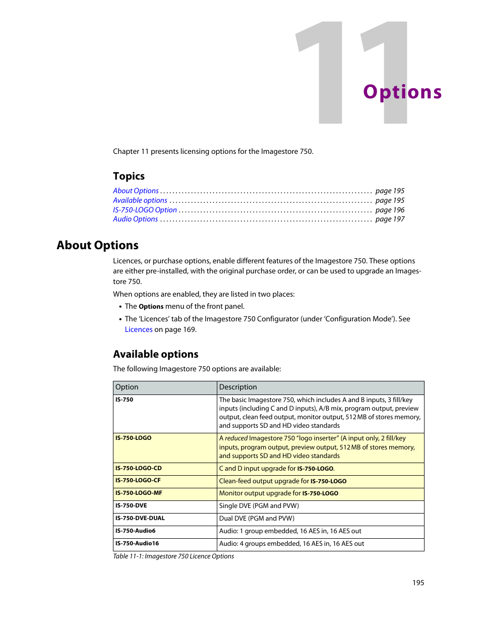 Options, About options, Available options | 11 options, Chapter 11, Topics | Grass Valley Imagestore 750 v.3.0.1 User Manual | Page 211 / 273