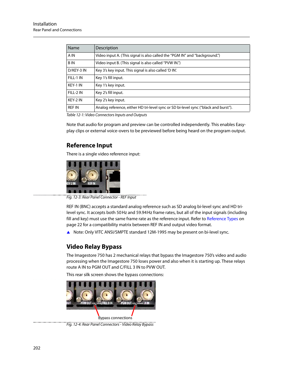 Reference input, Video relay bypass, Reference input video relay bypass | Grass Valley Imagestore 750 v.3.0.1 User Manual | Page 218 / 273