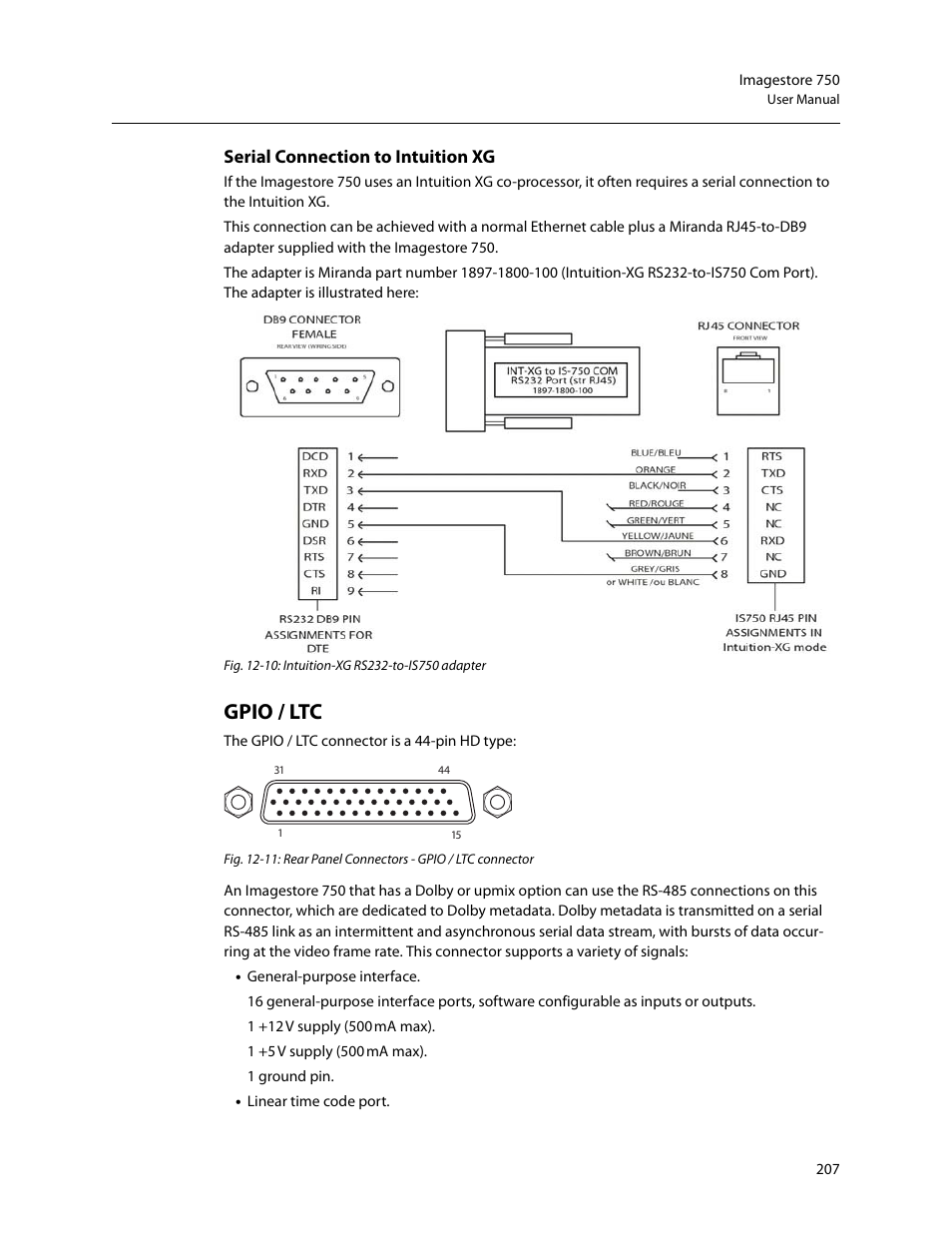 Gpio / ltc, Serial connection to intuition xg | Grass Valley Imagestore 750 v.3.0.1 User Manual | Page 223 / 273