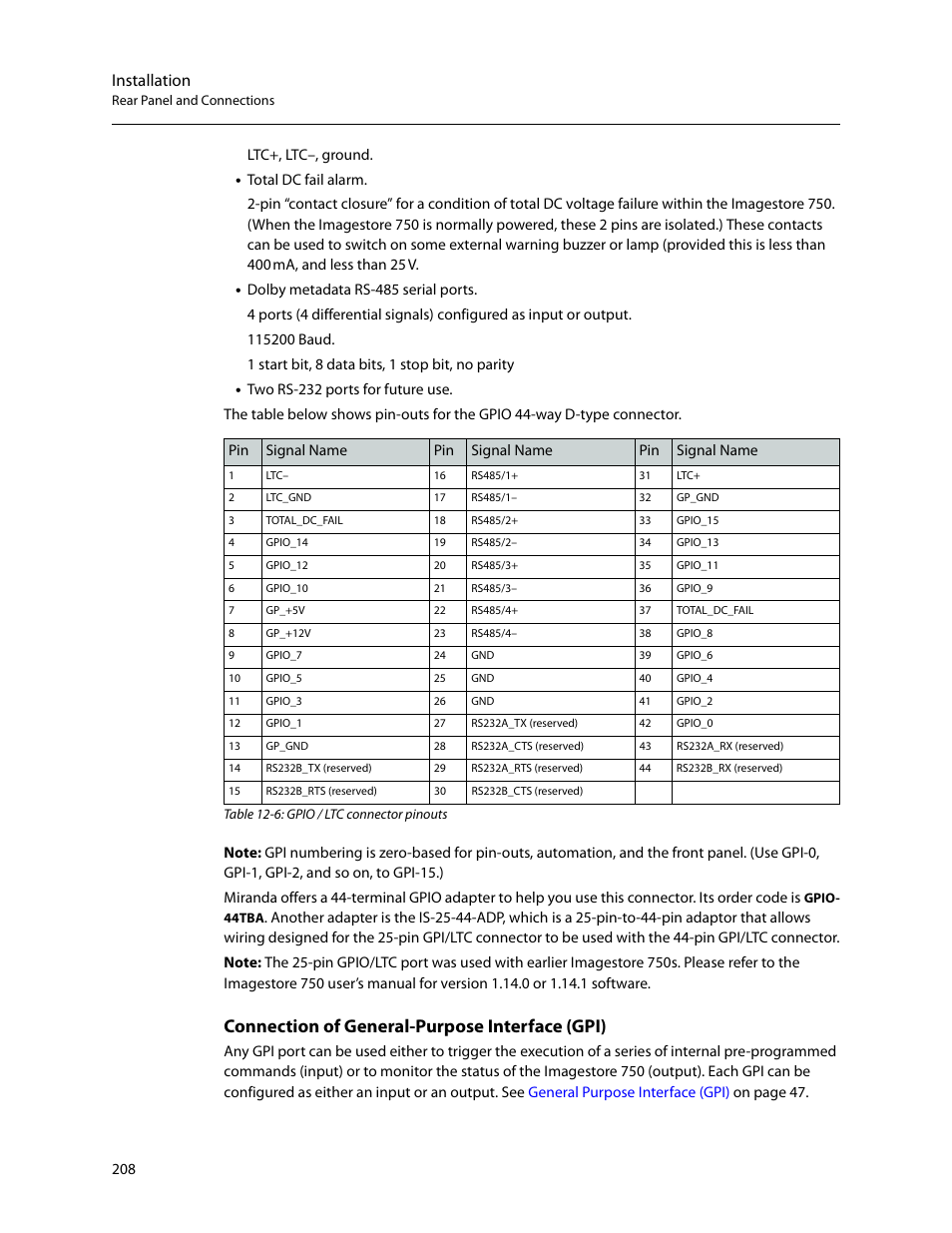 Connection of general-purpose interface (gpi), Installation | Grass Valley Imagestore 750 v.3.0.1 User Manual | Page 224 / 273