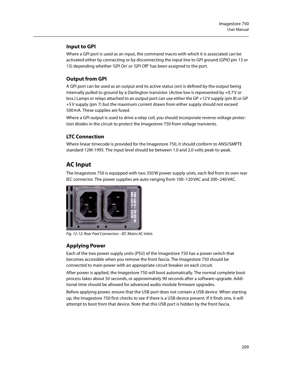 Ac input, Input to gpi output from gpi ltc connection, Applying power | Input to gpi, Output from gpi, Ltc connection | Grass Valley Imagestore 750 v.3.0.1 User Manual | Page 225 / 273
