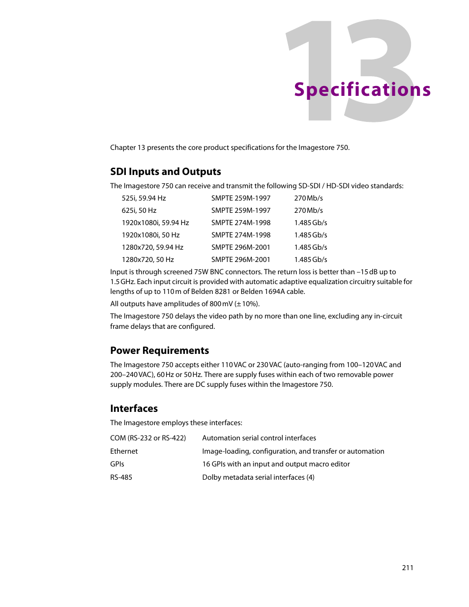 Specifications, Sdi inputs and outputs, Power requirements | Interfaces, 13 specifications, Chapter 13 | Grass Valley Imagestore 750 v.3.0.1 User Manual | Page 227 / 273