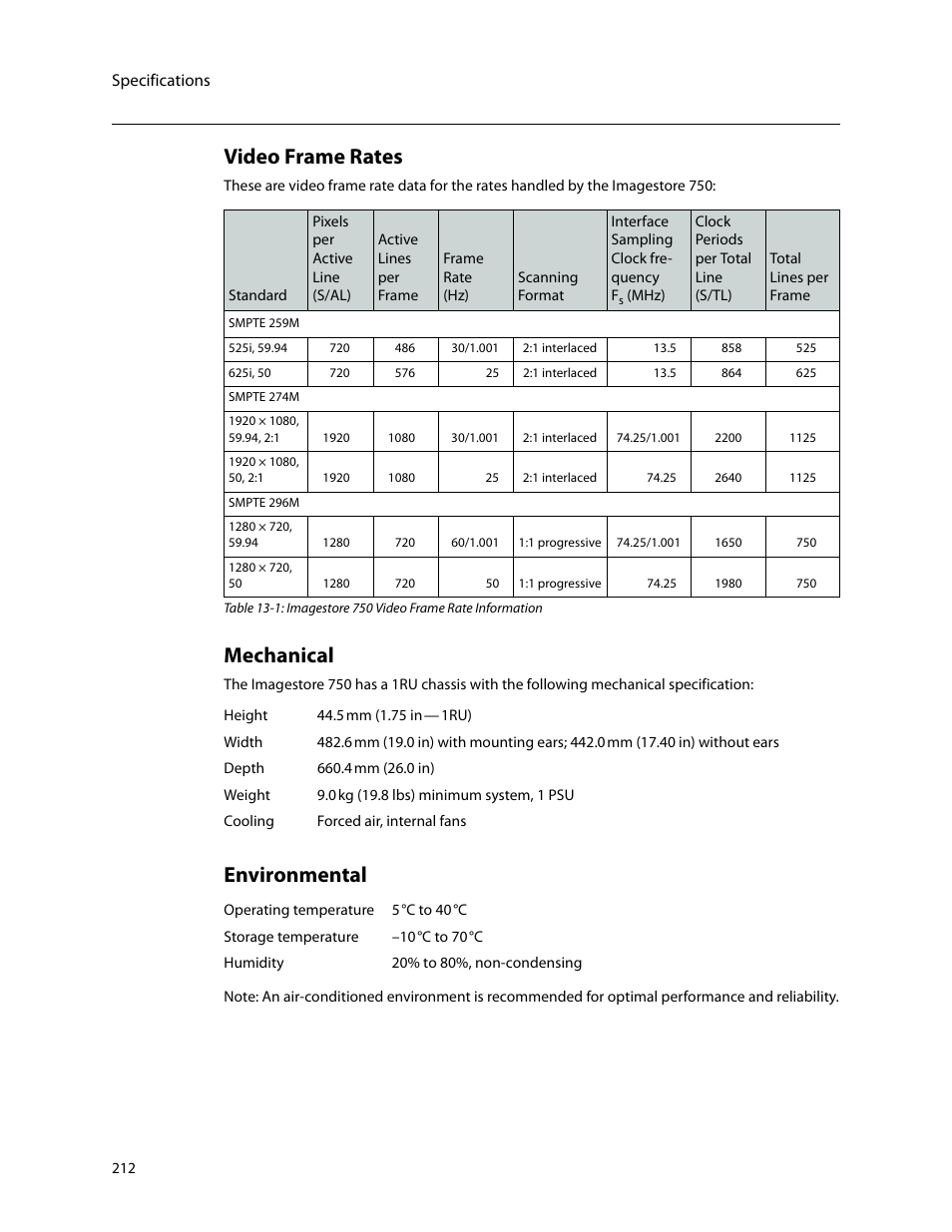 Video frame rates, Mechanical, Environmental | Video frame rates mechanical environmental, Specifications | Grass Valley Imagestore 750 v.3.0.1 User Manual | Page 228 / 273