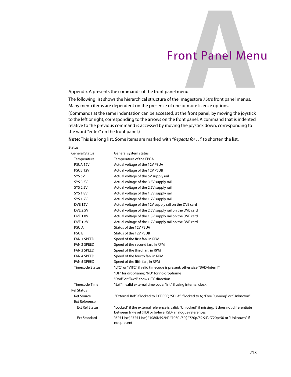 Front panel menu, Appendix a: front panel menu, Appendix a | Grass Valley Imagestore 750 v.3.0.1 User Manual | Page 229 / 273
