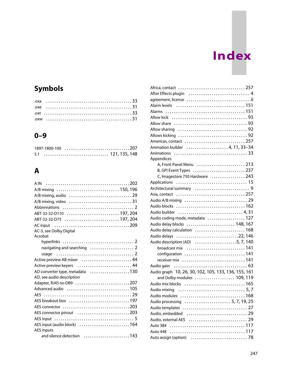 Index, Symbols | Grass Valley Imagestore 750 v.3.0.1 User Manual | Page 263 / 273