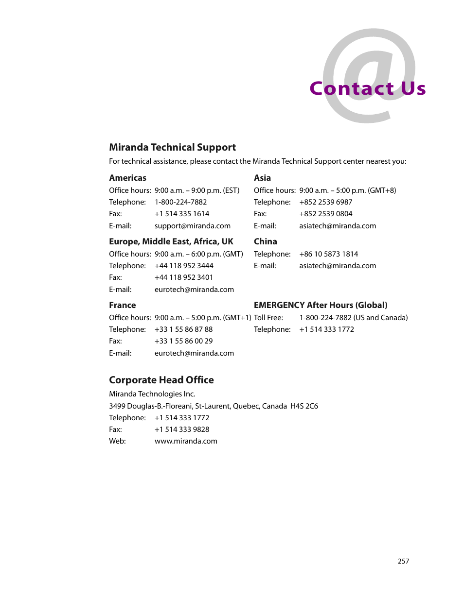 Contact us, Ntact, Asia, contact | Fax number, Support, contact, Miranda technical support, Corporate head office | Grass Valley Imagestore 750 v.3.0.1 User Manual | Page 273 / 273