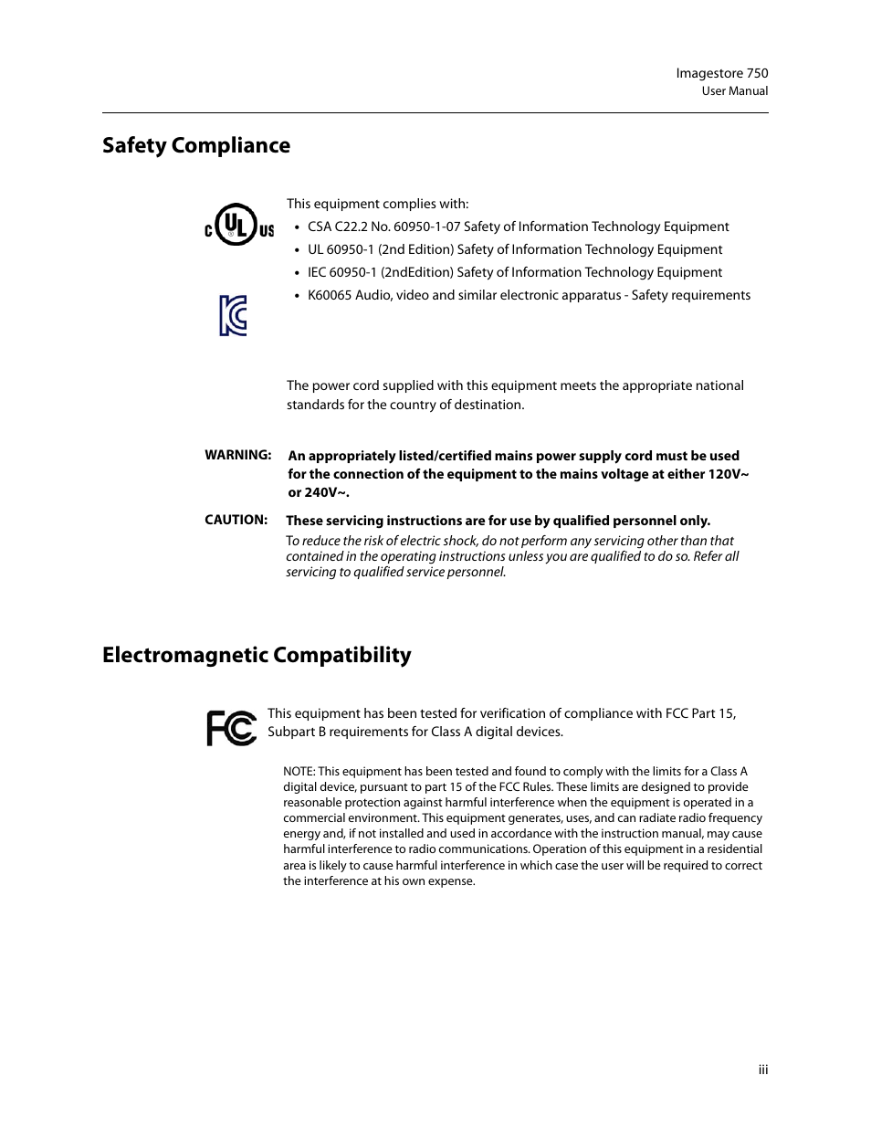 Safety compliance electromagnetic compatibility | Grass Valley Imagestore 750 v.3.0.1 User Manual | Page 3 / 273