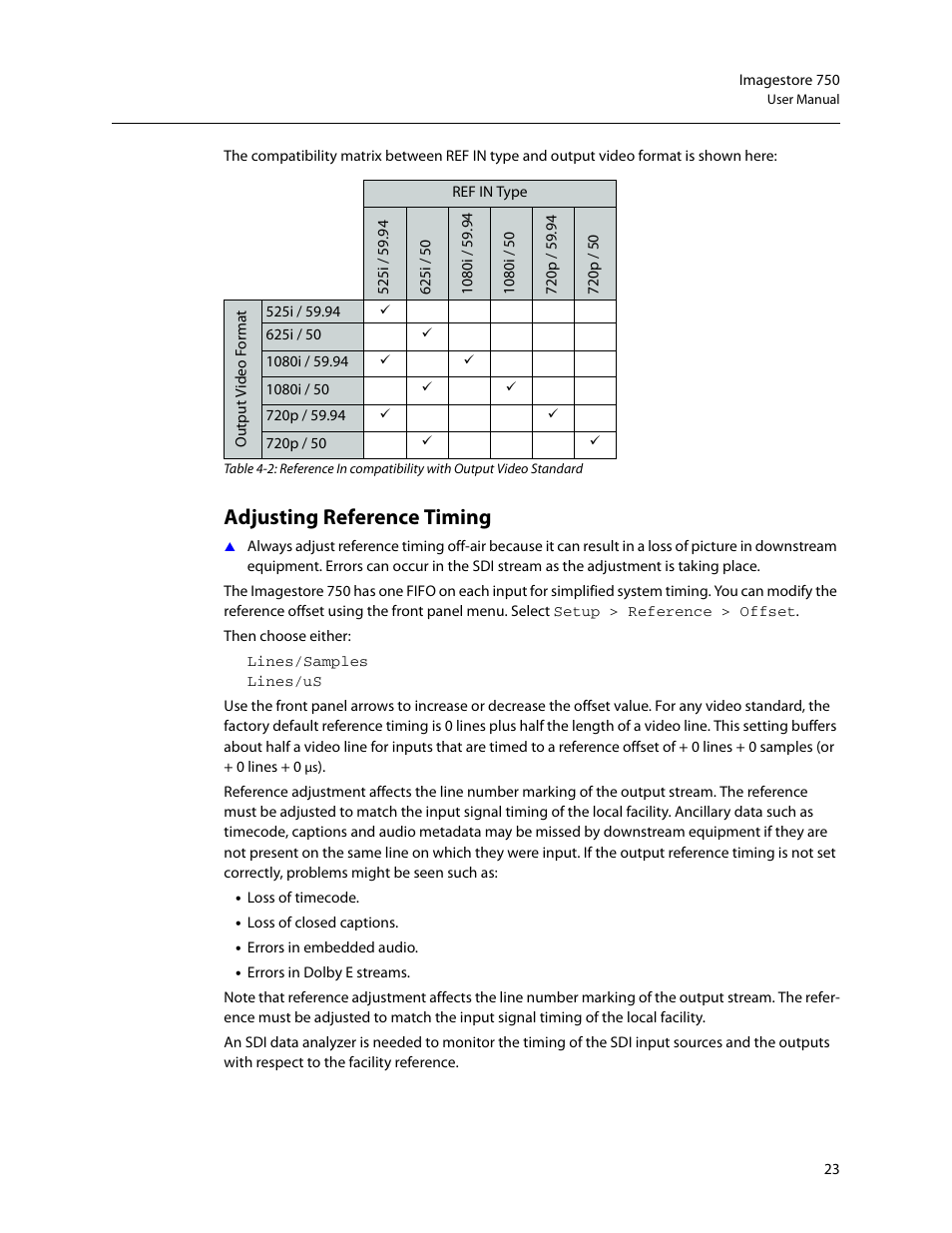 Adjusting reference timing | Grass Valley Imagestore 750 v.3.0.1 User Manual | Page 39 / 273