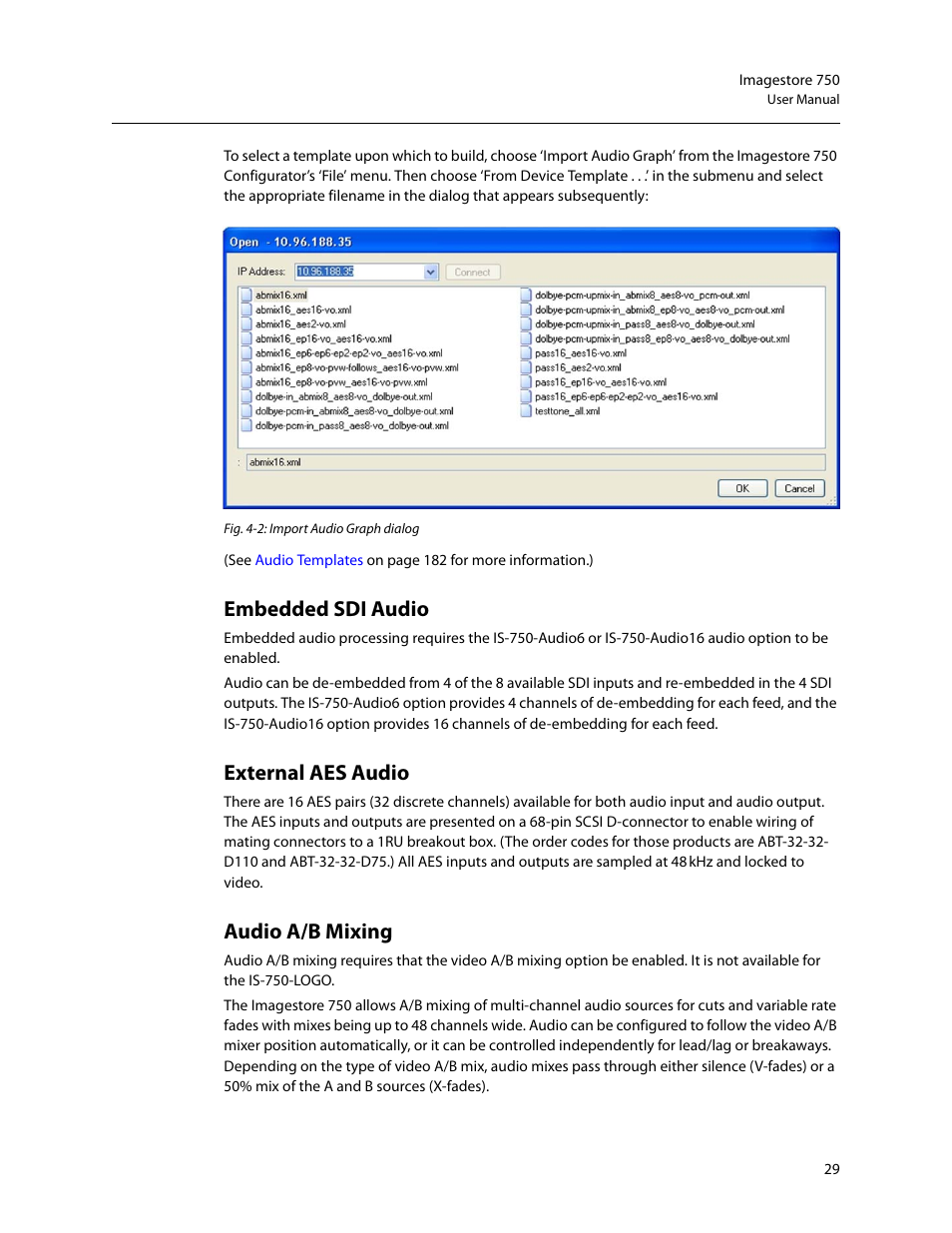 Embedded sdi audio, External aes audio, Audio a/b mixing | Grass Valley Imagestore 750 v.3.0.1 User Manual | Page 45 / 273