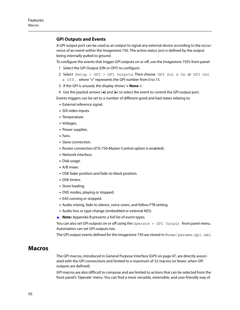 Macros, Gpi outputs and events, Outputs and events | Grass Valley Imagestore 750 v.3.0.1 User Manual | Page 66 / 273