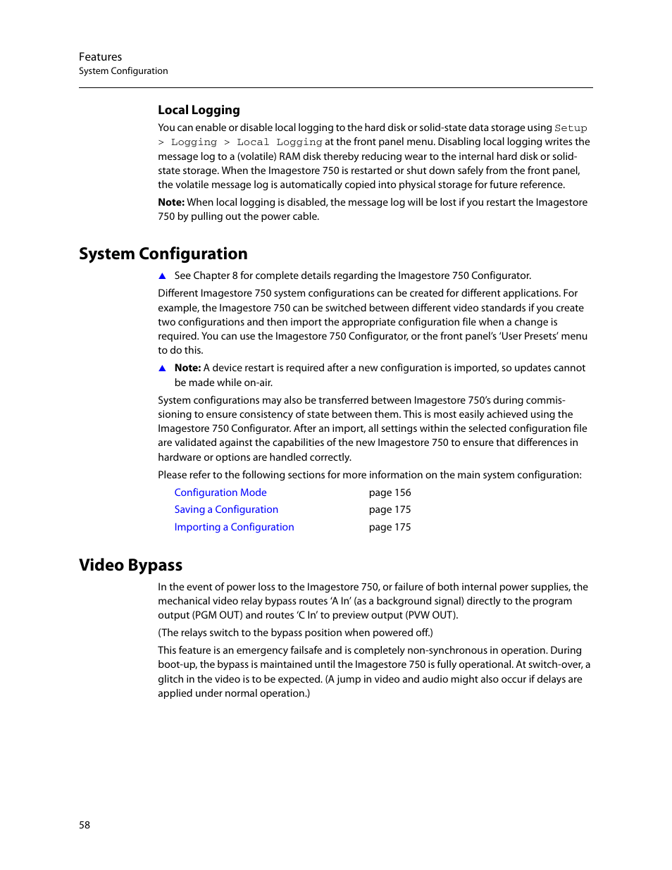 System configuration, Video bypass, Local logging | System configuration video bypass | Grass Valley Imagestore 750 v.3.0.1 User Manual | Page 74 / 273