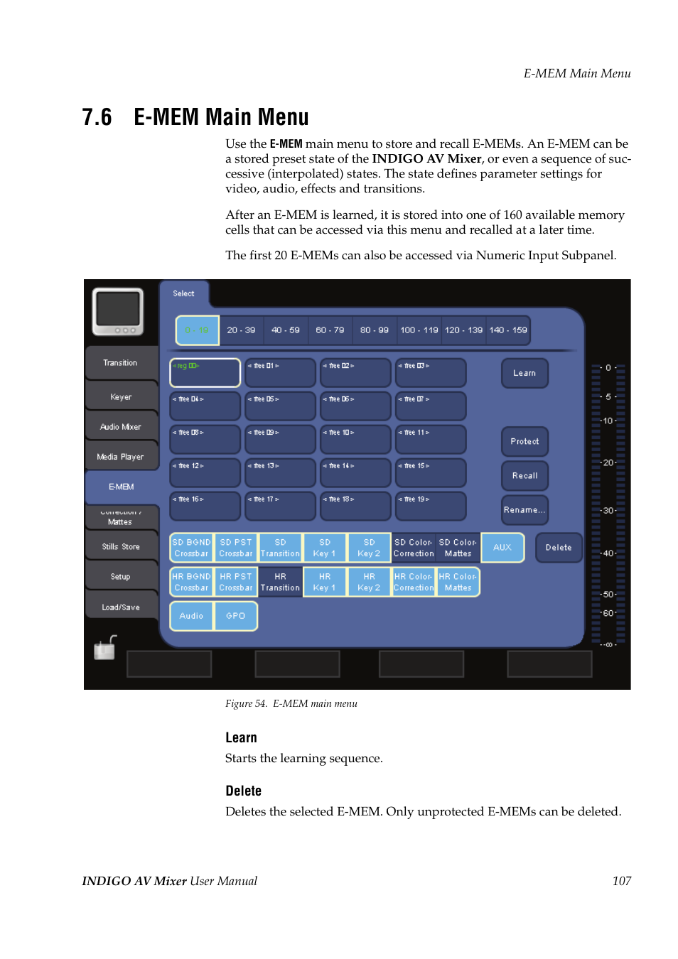 6 e-mem main menu, E-mem main menu | Grass Valley Indigo AV Mixer v.1.2.2 User Manual | Page 107 / 174
