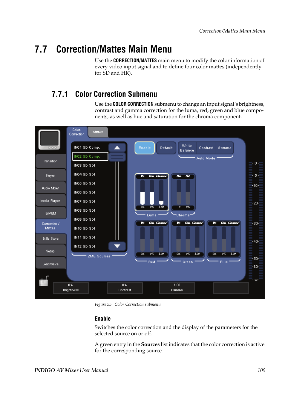 7 correction/mattes main menu, 1 color correction submenu, Correction/mattes main menu | Color correction submenu | Grass Valley Indigo AV Mixer v.1.2.2 User Manual | Page 109 / 174